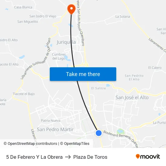 5 De Febrero Y La Obrera to Plaza De Toros map