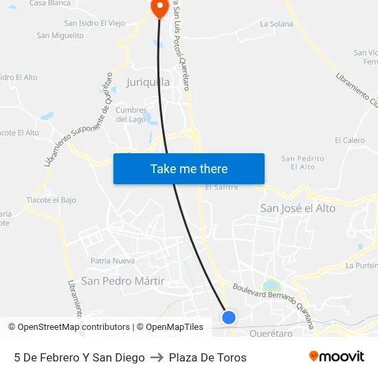 5 De Febrero Y San Diego to Plaza De Toros map