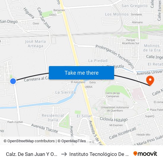 Calz. De San Juan Y Océano Índico to Instituto Tecnológico De Querétaro (Itq) map