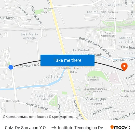 Calz. De San Juan Y Océano Índico to Instituto Tecnológico De Querétaro (Itq) map