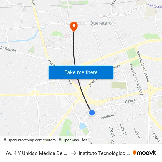 Av. 4 Y Unidad Médica De Atención Ambulatoria to Instituto Tecnológico De Querétaro (Itq) map