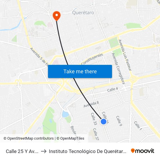 Calle 25 Y Av. 22 to Instituto Tecnológico De Querétaro (Itq) map