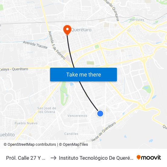 Pról. Calle 27 Y  Calle 4 to Instituto Tecnológico De Querétaro (Itq) map