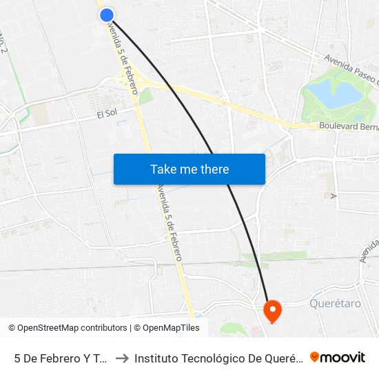 5 De Febrero Y Tremec to Instituto Tecnológico De Querétaro (Itq) map