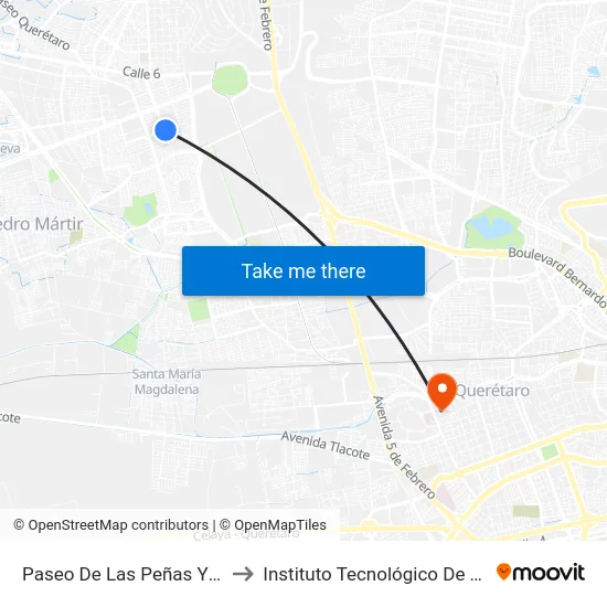 Paseo De Las Peñas Y De La Piedra to Instituto Tecnológico De Querétaro (Itq) map