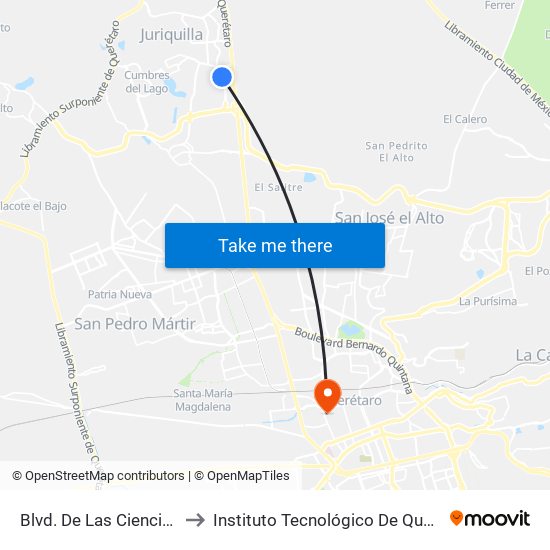 Blvd. De Las Ciencias Y Uaq to Instituto Tecnológico De Querétaro (Itq) map
