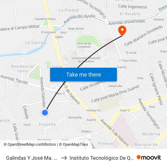 Galindas Y José Ma. Pino Suárez to Instituto Tecnológico De Querétaro (Itq) map