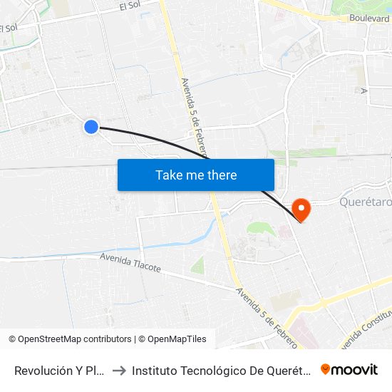 Revolución Y Platino to Instituto Tecnológico De Querétaro (Itq) map