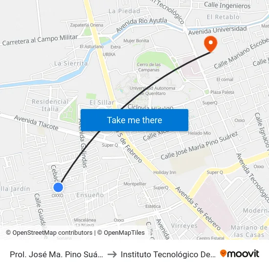 Prol. José Ma. Pino Suárez Y Frondoso to Instituto Tecnológico De Querétaro (Itq) map