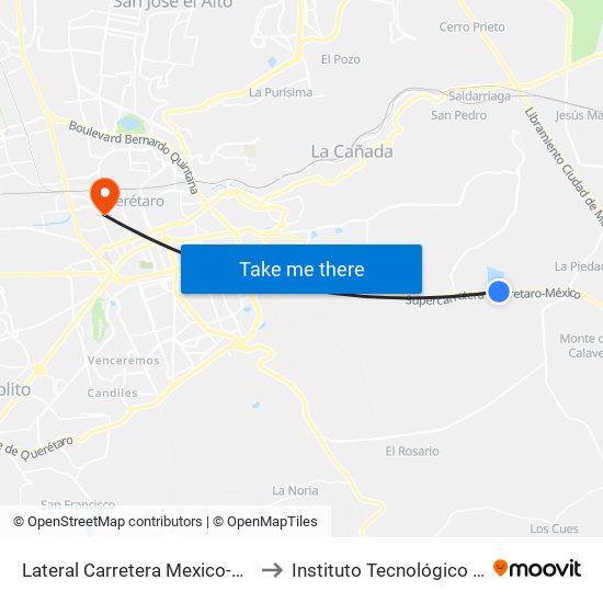 Lateral Carretera Mexico-Queretaro Y El Carmen to Instituto Tecnológico De Querétaro (Itq) map