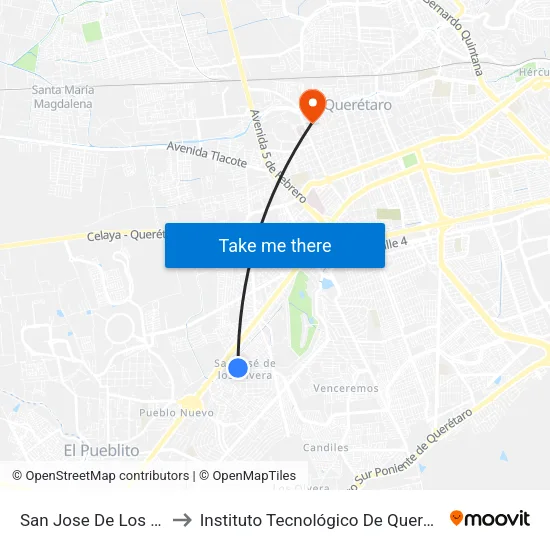 San Jose De Los Olvera to Instituto Tecnológico De Querétaro (Itq) map