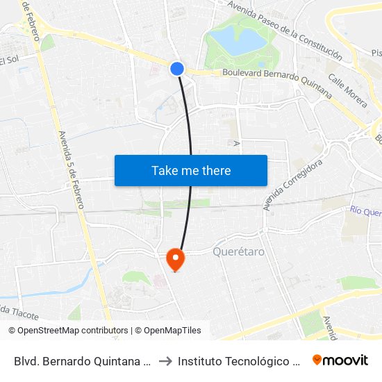 Blvd. Bernardo Quintana Y Pie De La Cuesta to Instituto Tecnológico De Querétaro (Itq) map