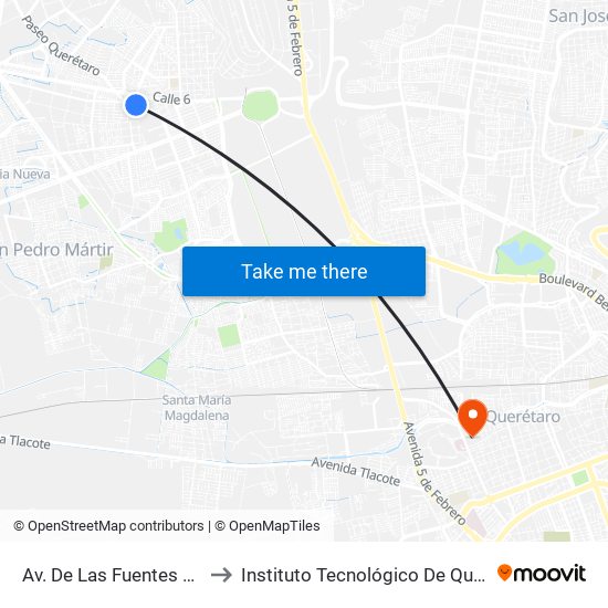 Av. De Las Fuentes Y Calle 11 to Instituto Tecnológico De Querétaro (Itq) map