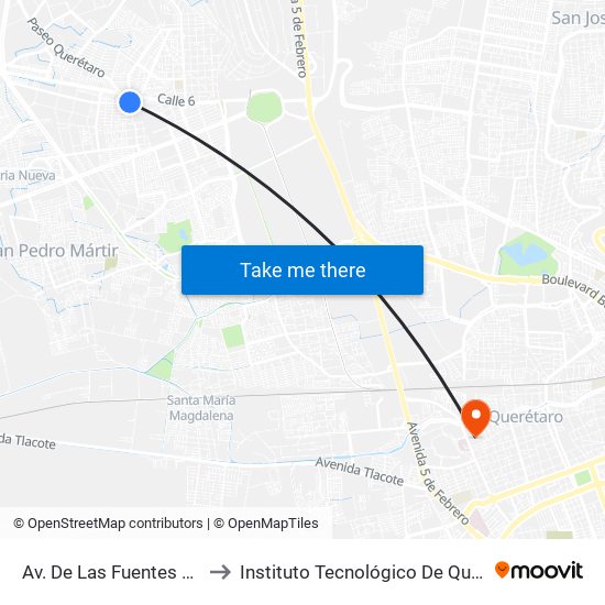 Av. De Las Fuentes Y Calle 13 to Instituto Tecnológico De Querétaro (Itq) map