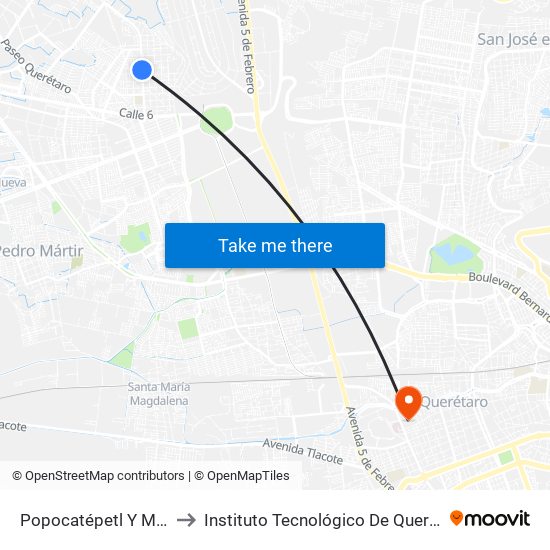 Popocatépetl Y Malinche to Instituto Tecnológico De Querétaro (Itq) map