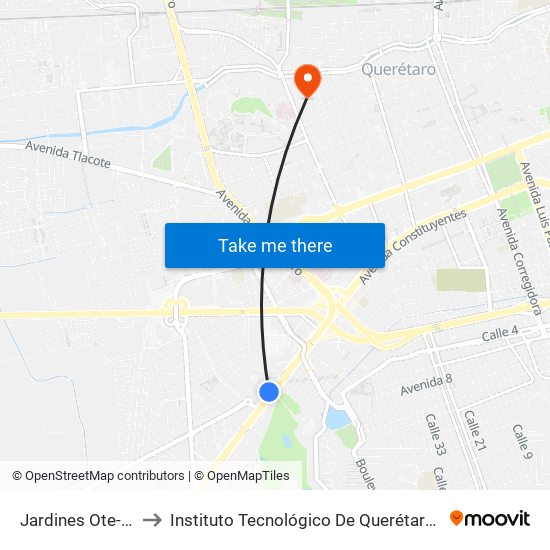 Jardines Ote-Pte to Instituto Tecnológico De Querétaro (Itq) map