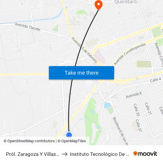 Pról. Zaragoza Y Villas Corregidora to Instituto Tecnológico De Querétaro (Itq) map