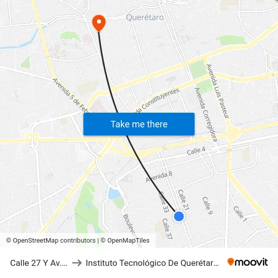 Calle 27 Y Av. 26 to Instituto Tecnológico De Querétaro (Itq) map