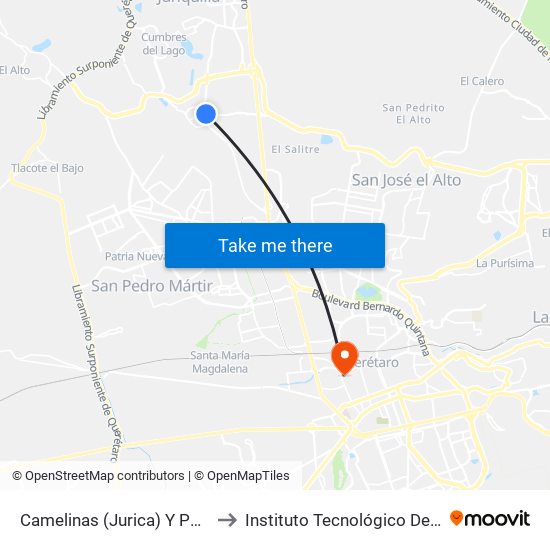 Camelinas (Jurica) Y Paseo Del Mesón to Instituto Tecnológico De Querétaro (Itq) map