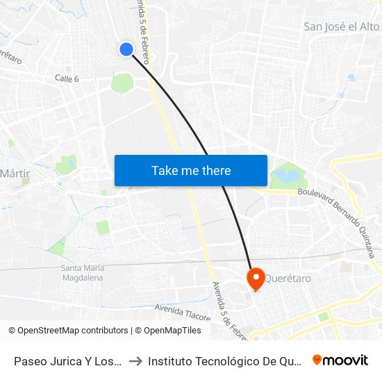 Paseo Jurica Y Los Fresnos to Instituto Tecnológico De Querétaro (Itq) map