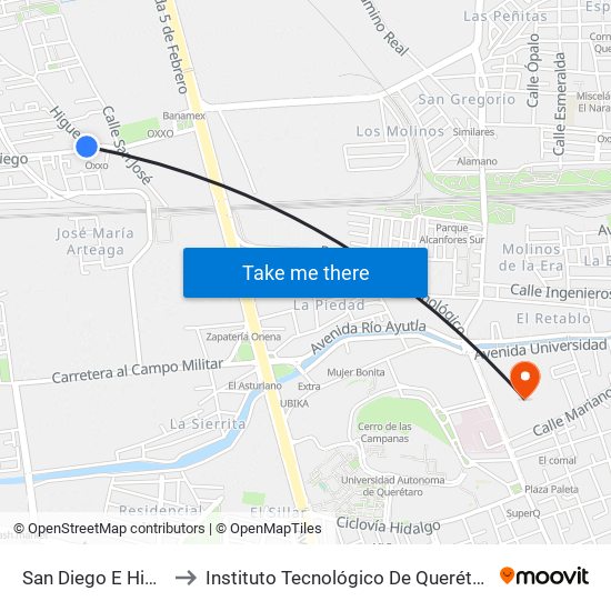 San Diego E Higuera to Instituto Tecnológico De Querétaro (Itq) map