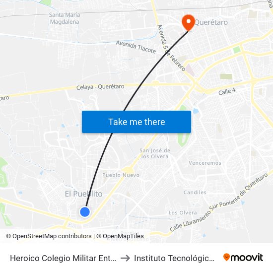 Heroico Colegio Militar Entre 5 De Febrero Y Pípila to Instituto Tecnológico De Querétaro (Itq) map