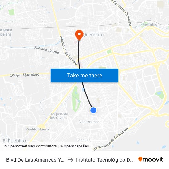 Blvd De Las Americas Y Enrique Bordes to Instituto Tecnológico De Querétaro (Itq) map