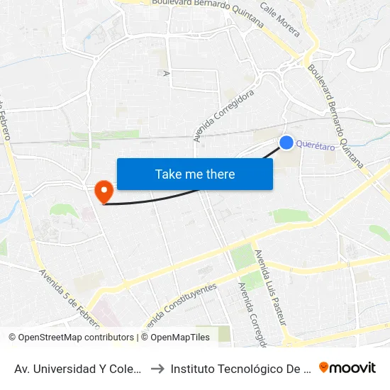 Av. Universidad Y Colegio San Javier to Instituto Tecnológico De Querétaro (Itq) map
