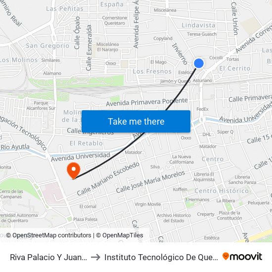 Riva Palacio Y Juan Alvarez to Instituto Tecnológico De Querétaro (Itq) map