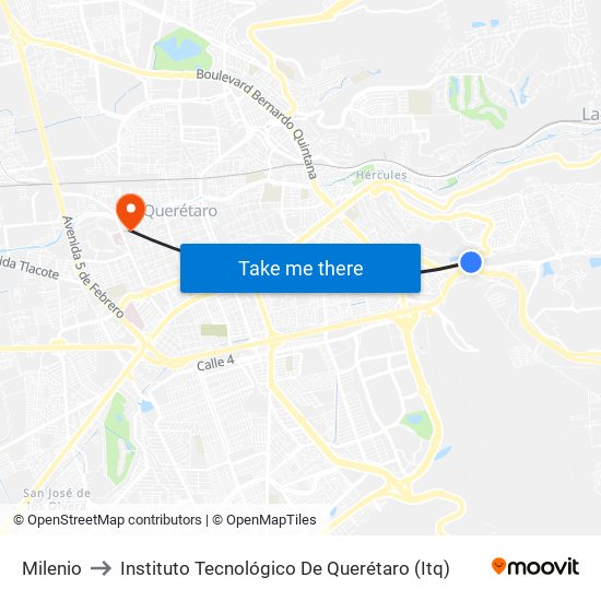 Milenio to Instituto Tecnológico De Querétaro (Itq) map