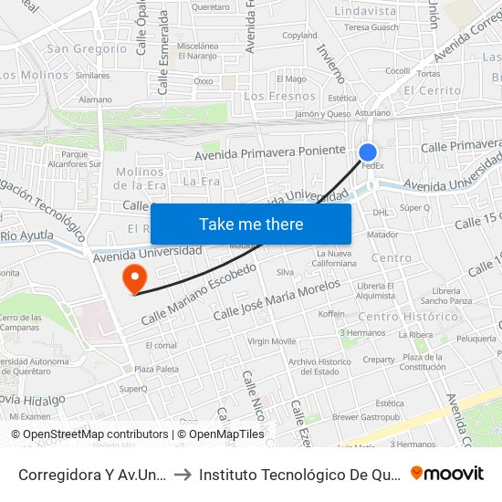 Corregidora Y Av.Universidad to Instituto Tecnológico De Querétaro (Itq) map