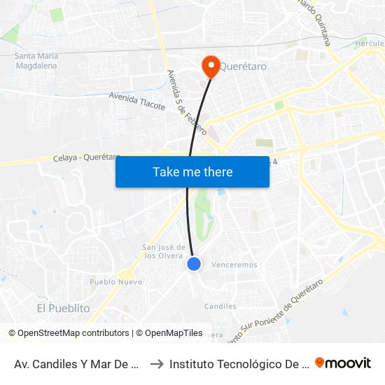 Av. Candiles Y Mar De La Tranquilidad to Instituto Tecnológico De Querétaro (Itq) map