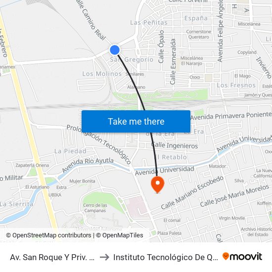 Av. San Roque Y Priv. Fraternidad to Instituto Tecnológico De Querétaro (Itq) map