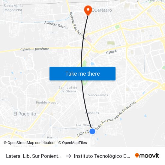 Lateral Lib. Sur Poniente Y Camino Real to Instituto Tecnológico De Querétaro (Itq) map