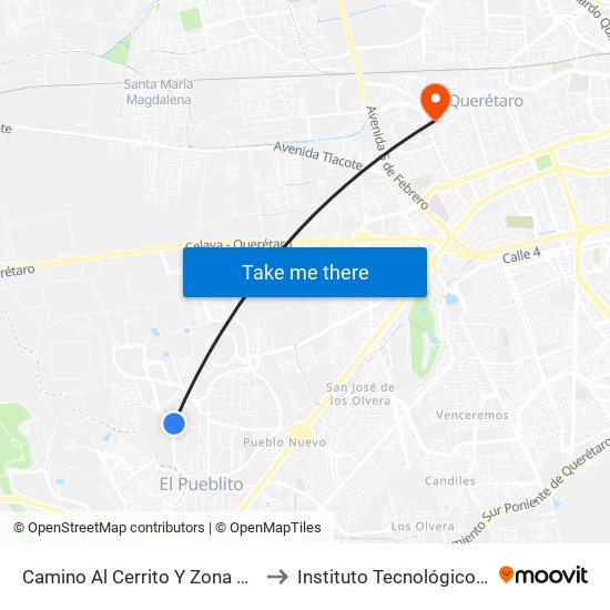Camino Al Cerrito Y Zona Arqueologica El Cerrito to Instituto Tecnológico De Querétaro (Itq) map