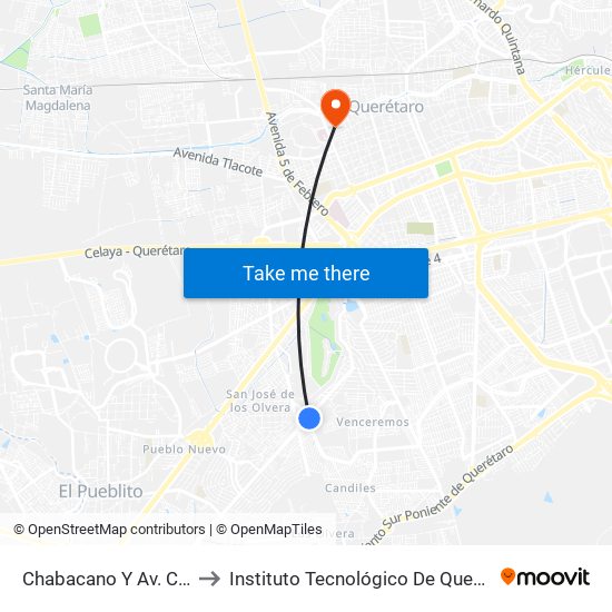 Chabacano Y Av. Candiles to Instituto Tecnológico De Querétaro (Itq) map