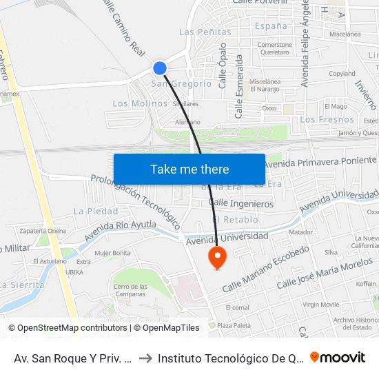 Av. San Roque Y Priv. Fraternidad to Instituto Tecnológico De Querétaro (Itq) map