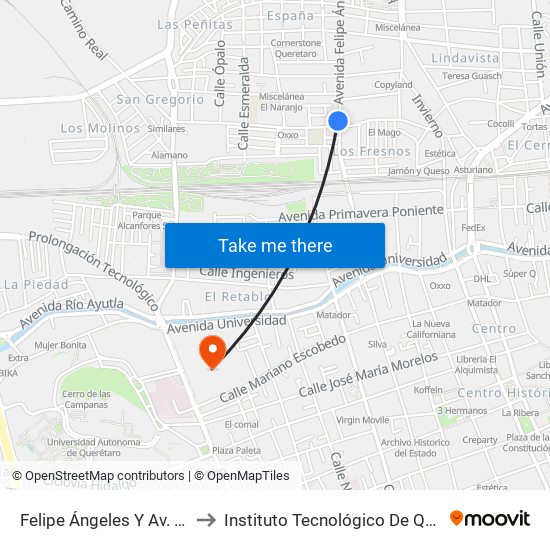 Felipe Ángeles Y Av. San Roque to Instituto Tecnológico De Querétaro (Itq) map