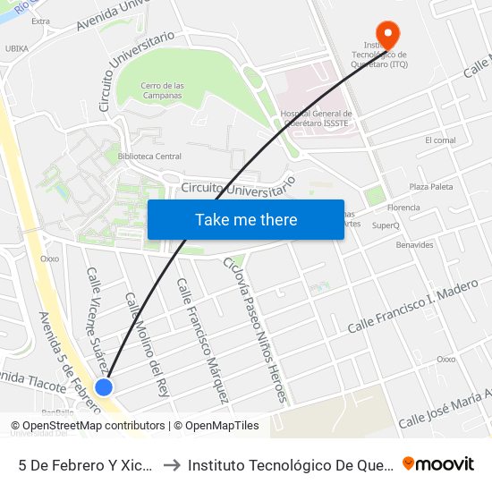 5 De Febrero Y Xicotencatl to Instituto Tecnológico De Querétaro (Itq) map