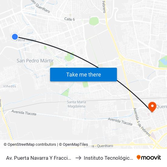 Av. Puerta Navarra Y Fraccionamiento Puerta Navarra to Instituto Tecnológico De Querétaro (Itq) map