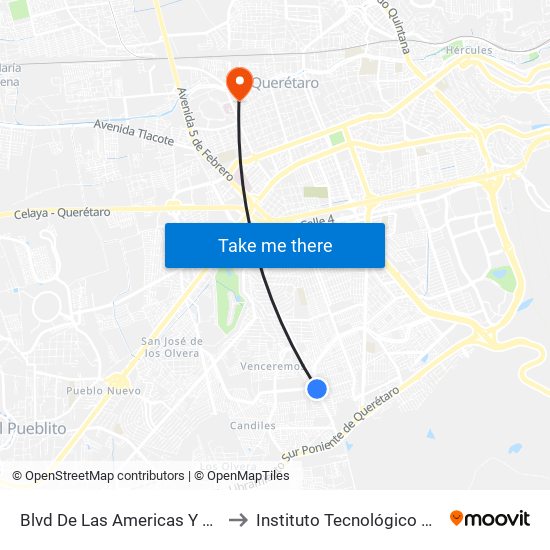 Blvd De Las Americas Y Blvd Gobernadores to Instituto Tecnológico De Querétaro (Itq) map