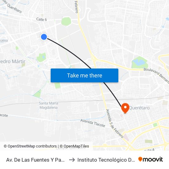 Av. De Las Fuentes Y Paseo De Las Peñas to Instituto Tecnológico De Querétaro (Itq) map