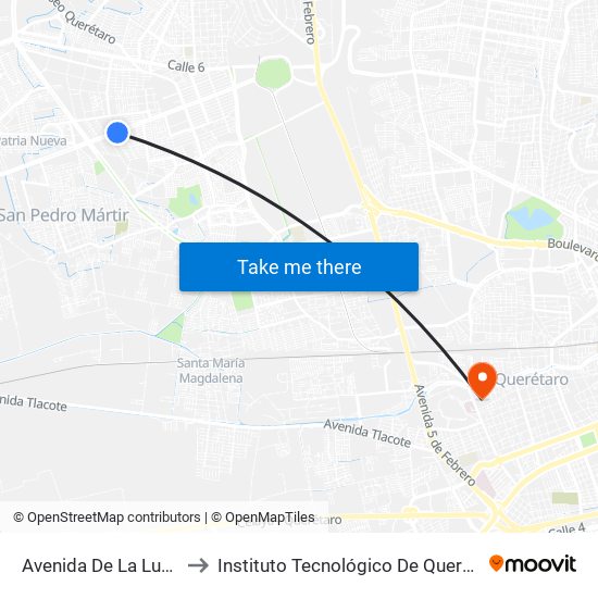 Avenida De La Luz 1323 to Instituto Tecnológico De Querétaro (Itq) map