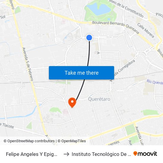 Felipe Angeles Y Epigmenio Gonzalez to Instituto Tecnológico De Querétaro (Itq) map