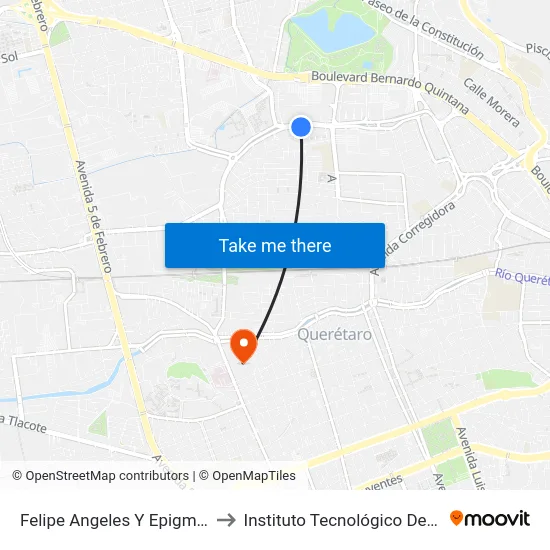 Felipe Angeles Y Epigmenio Gonzalez to Instituto Tecnológico De Querétaro (Itq) map