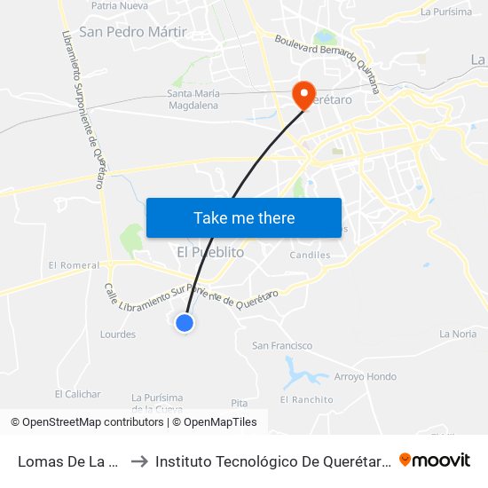 Lomas De La Cruz to Instituto Tecnológico De Querétaro (Itq) map