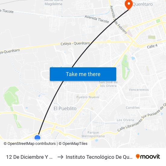 12 De Diciembre Y Santa Ana to Instituto Tecnológico De Querétaro (Itq) map