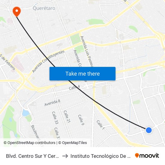 Blvd. Centro Sur Y Cerro De La Silla to Instituto Tecnológico De Querétaro (Itq) map