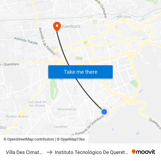 Villa Des Cimatario 1 to Instituto Tecnológico De Querétaro (Itq) map