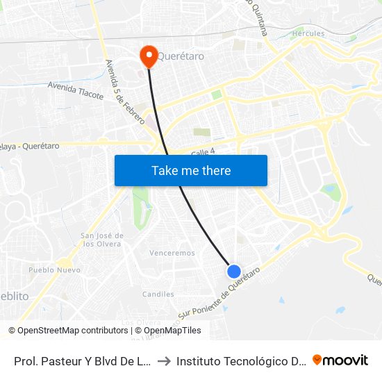 Prol. Pasteur Y Blvd De Los Gobernadores to Instituto Tecnológico De Querétaro (Itq) map